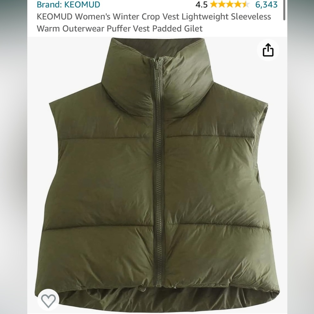 Army green cropped puffer vest from Amazon